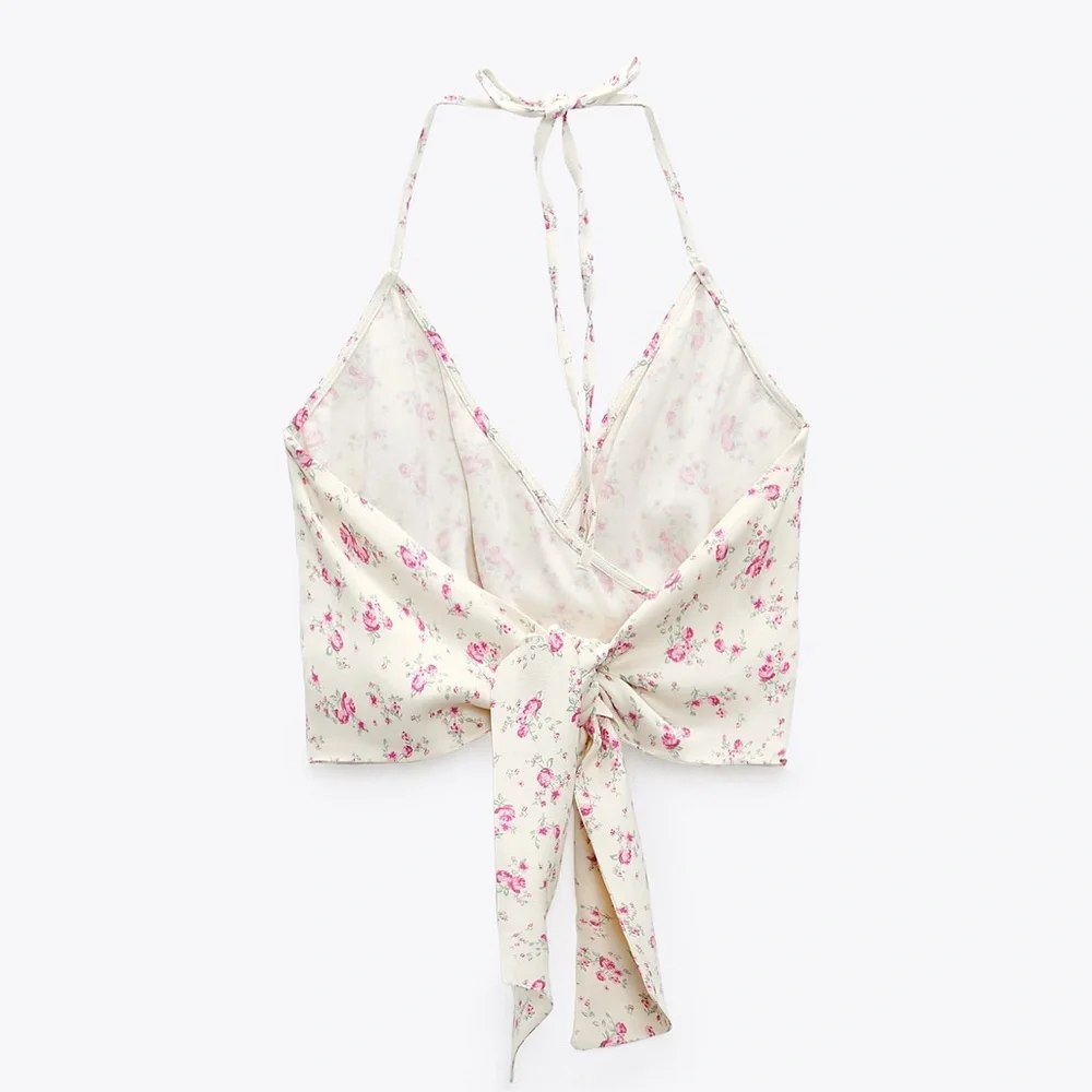 Zara floral draped crisscross cropped halter top